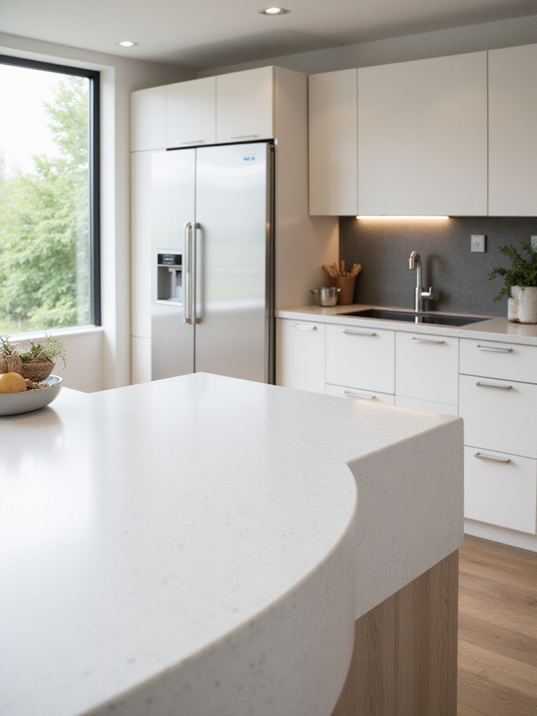 Clutter-free kitchen island surface in a compact kitchen