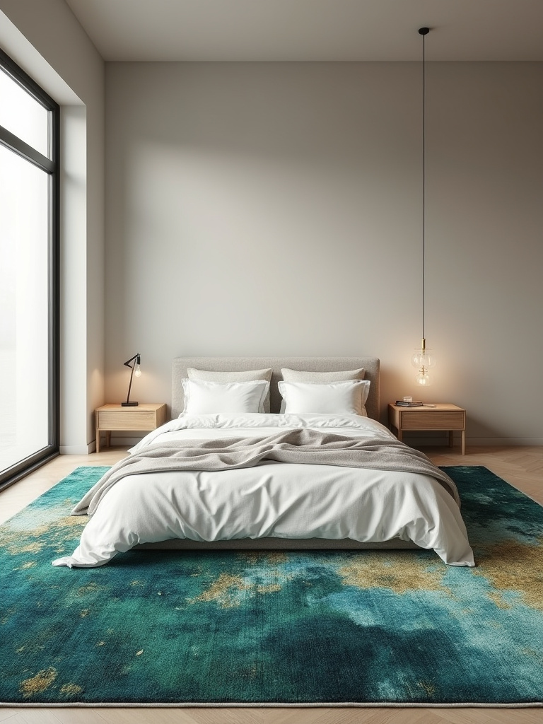 A contemporary bedroom with a large, vibrant red and blue geometric patterned rug under a bed, serving as a bold statement focal point against minimalist white walls and neutral bedding, professionally photographed with natural light.