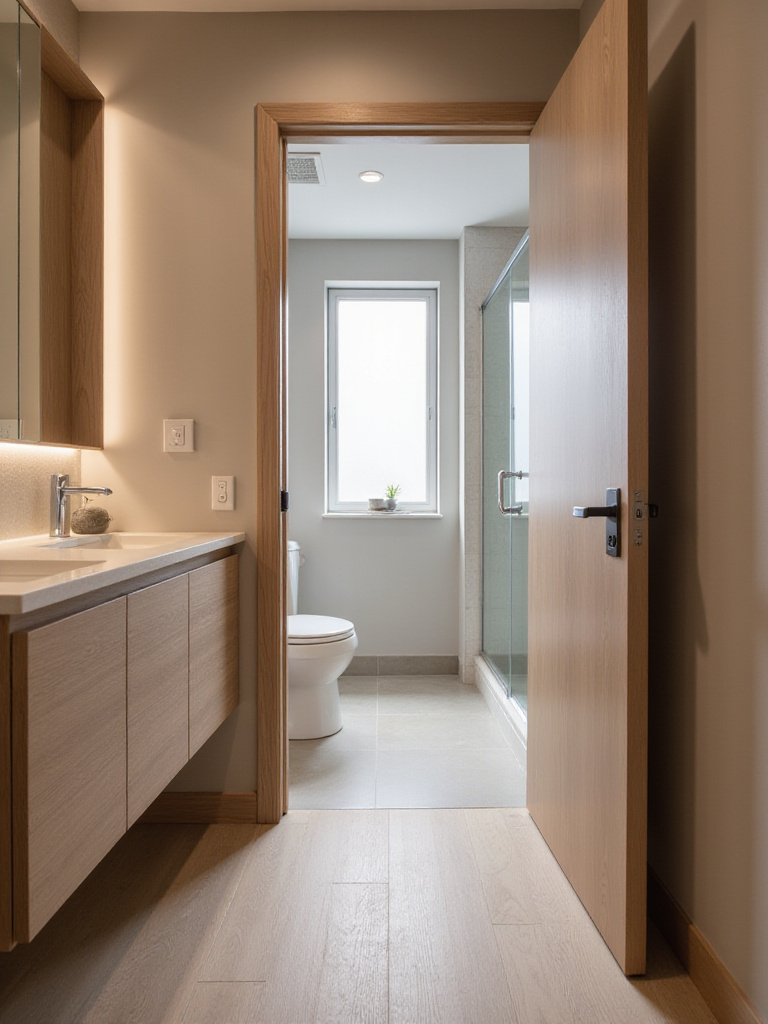 Portrait view of a small bathroom layout showing traffic flow zones