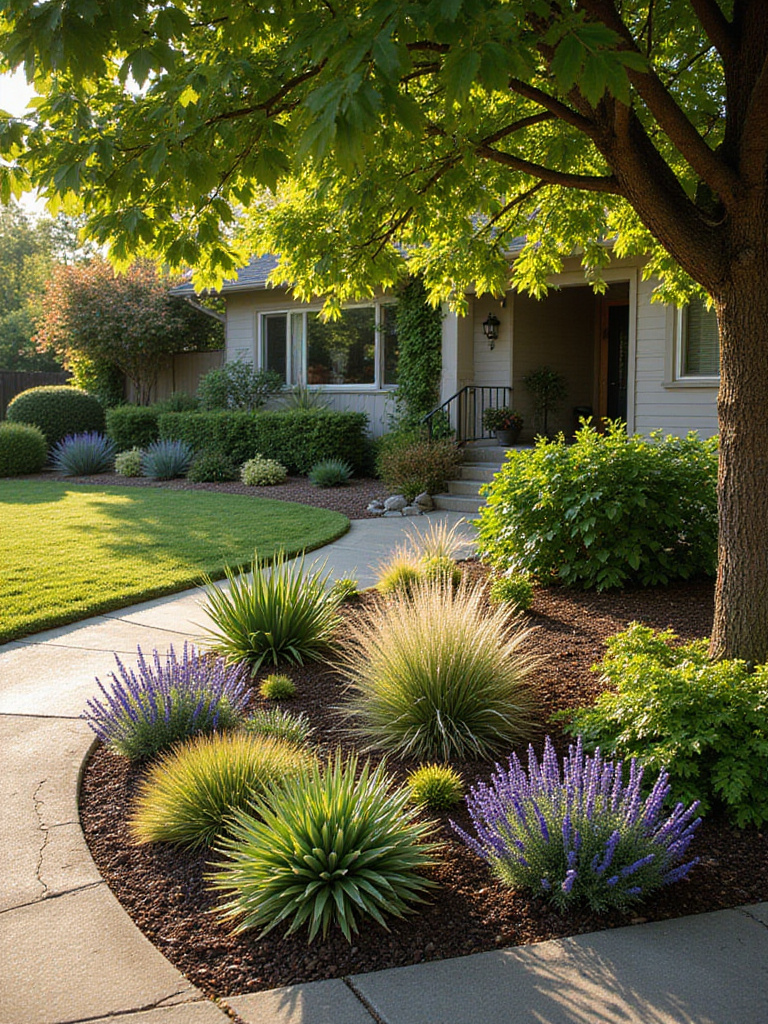 Portrait front yard showing sun exposure zones with plant groupings
