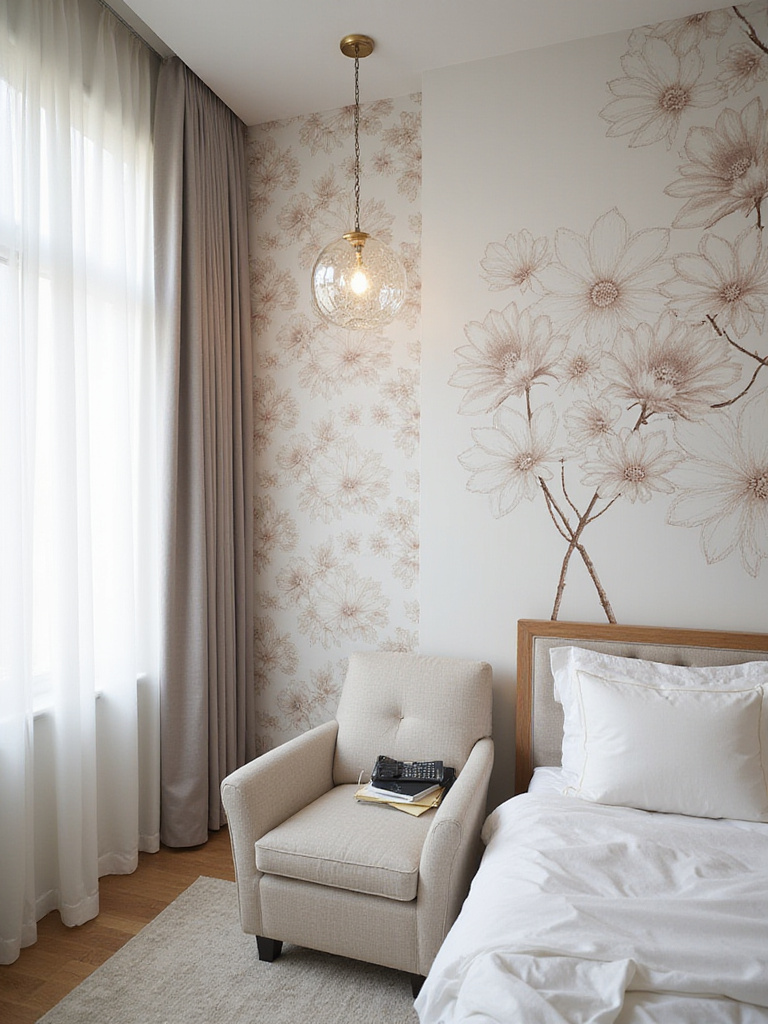 A stylish modern bedroom featuring two distinct wallpaper patterns on different walls, illustrating the importance of scale for room harmony and visual balance. One large botanical pattern, one small geometric pattern, creating a cohesive design without specific size indications.