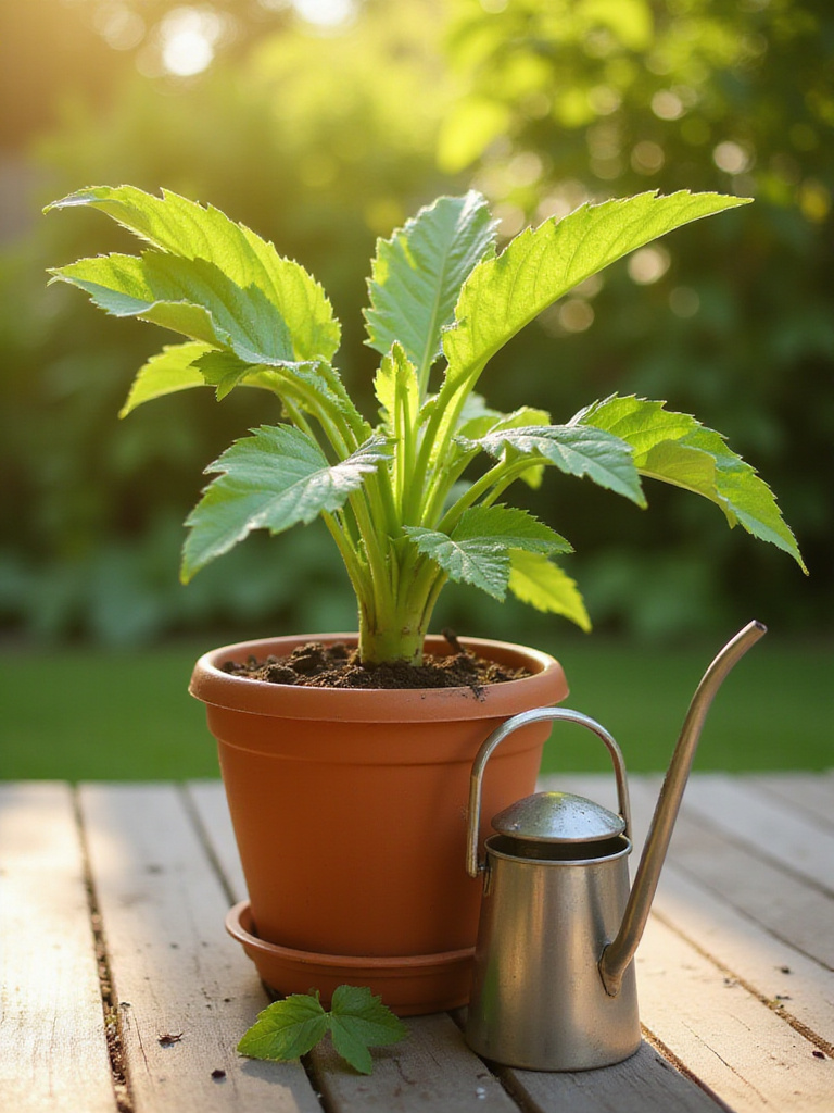Healthy patio plant in a terracotta pot with moist soil and a watering can on a sunlit deck