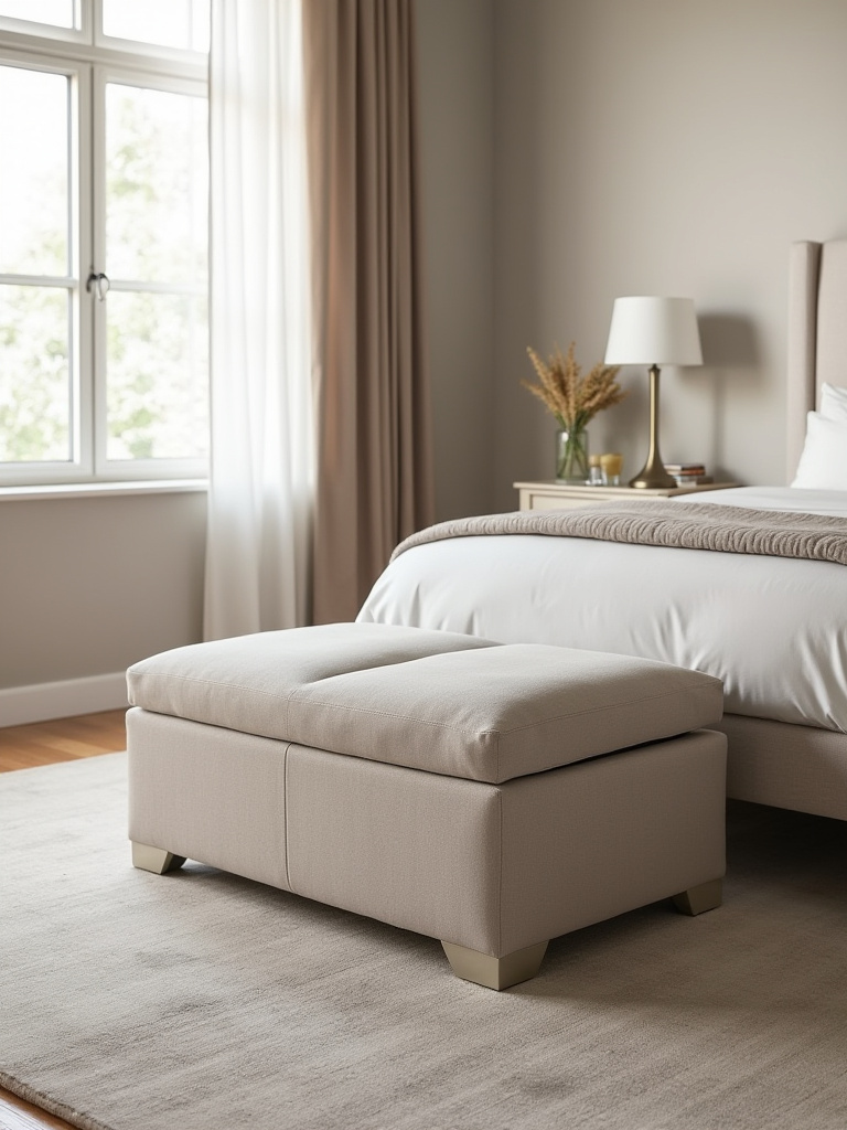 Discreet storage ottoman bench in a tidy bedroom