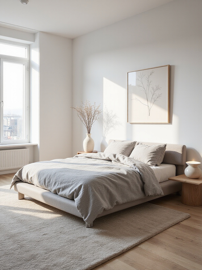 A serene modern bedroom with pared-down decor, featuring a low-profile bed with linen bedding, a sculptural vase, and abstract art, highlighting sophisticated simplicity.