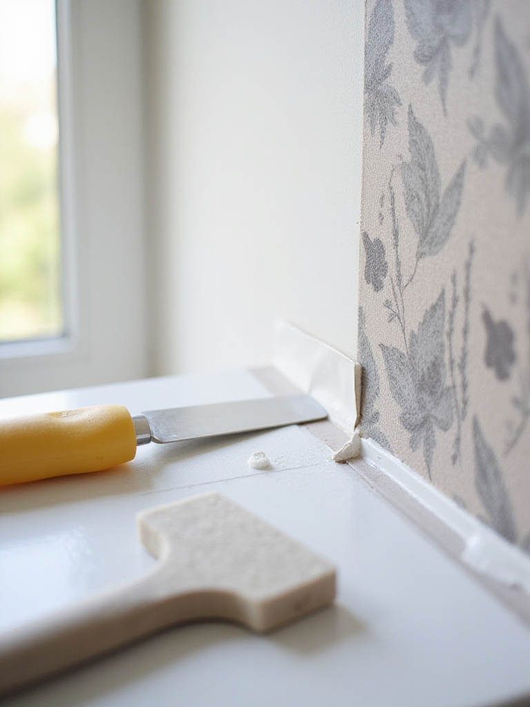 Close-up of a sharp utility knife trimming wallpaper edge against a straightedge in a bedroom, with a smoothing tool working out air bubbles on a patterned wall.