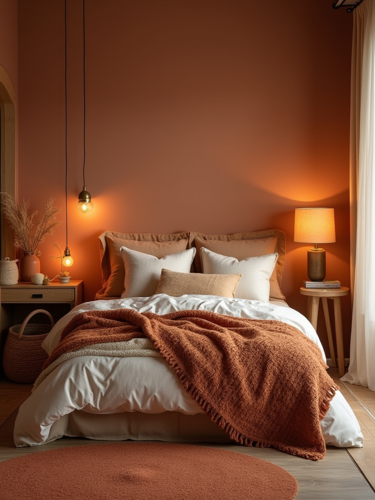 A cozy bedroom decorated with a warm color palette featuring terracotta walls, ochre throw, wooden furniture, and soft, inviting lighting, creating a snug atmosphere.