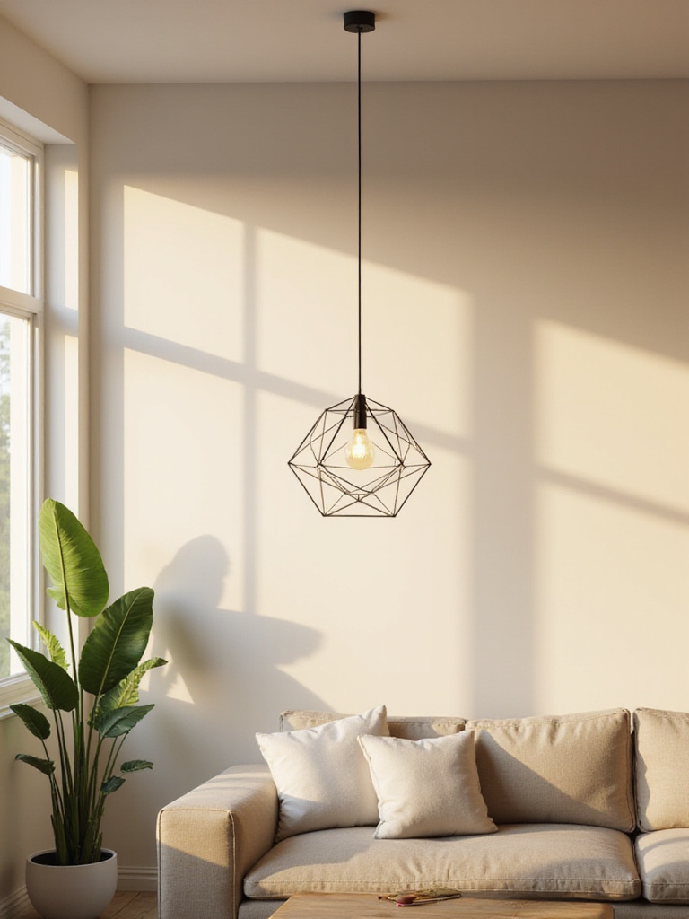 A perfectly matched geometric pendant light in a minimalist living room, showcasing cohesive interior decor and modern light fixture style.