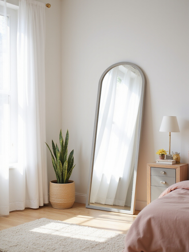 Vertical bedroom with a large mirror reflecting natural light