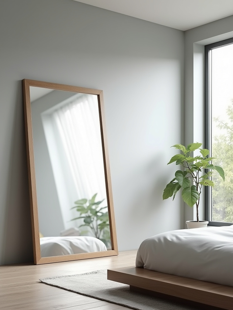 A modern bedroom featuring a large, unframed mirror leaning against a wall, reflecting natural light from a window and making the room appear significantly more spacious.