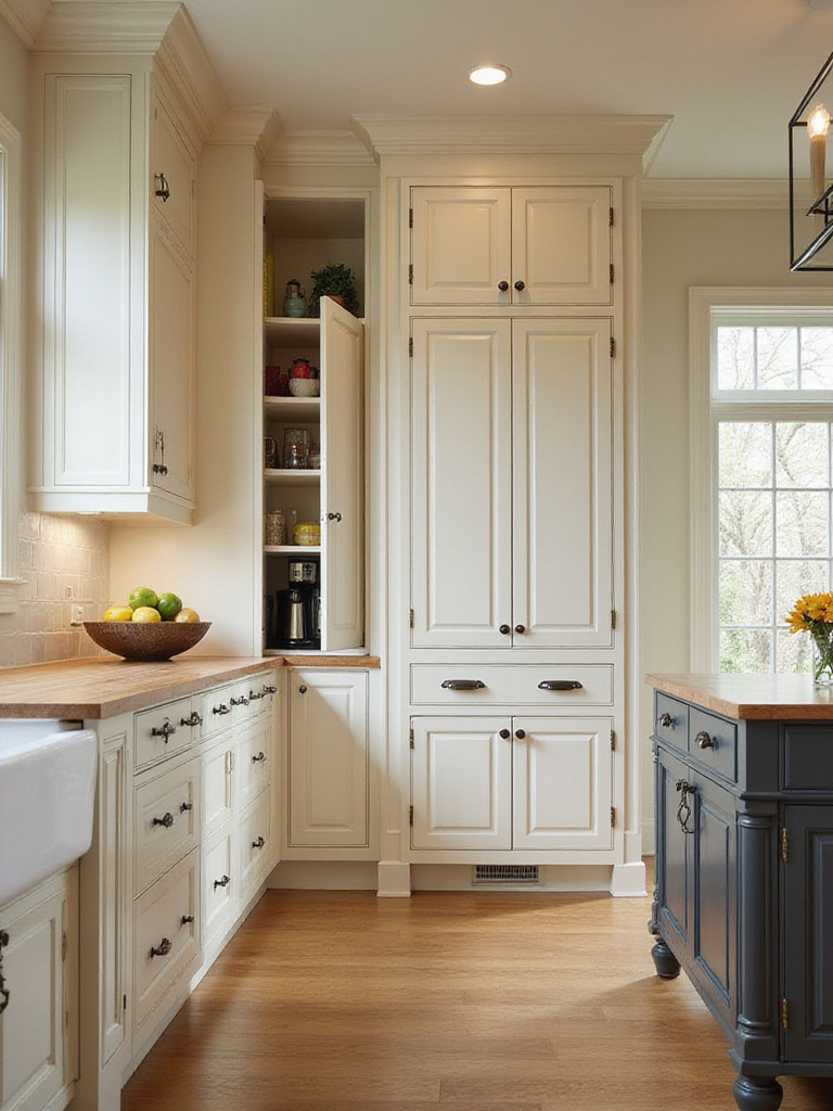 A meticulously organized traditional kitchen featuring floor-to-ceiling integrated built-in cabinets and custom Shaker-style pantry solutions, designed to maximize storage and create a clutter-free environment.