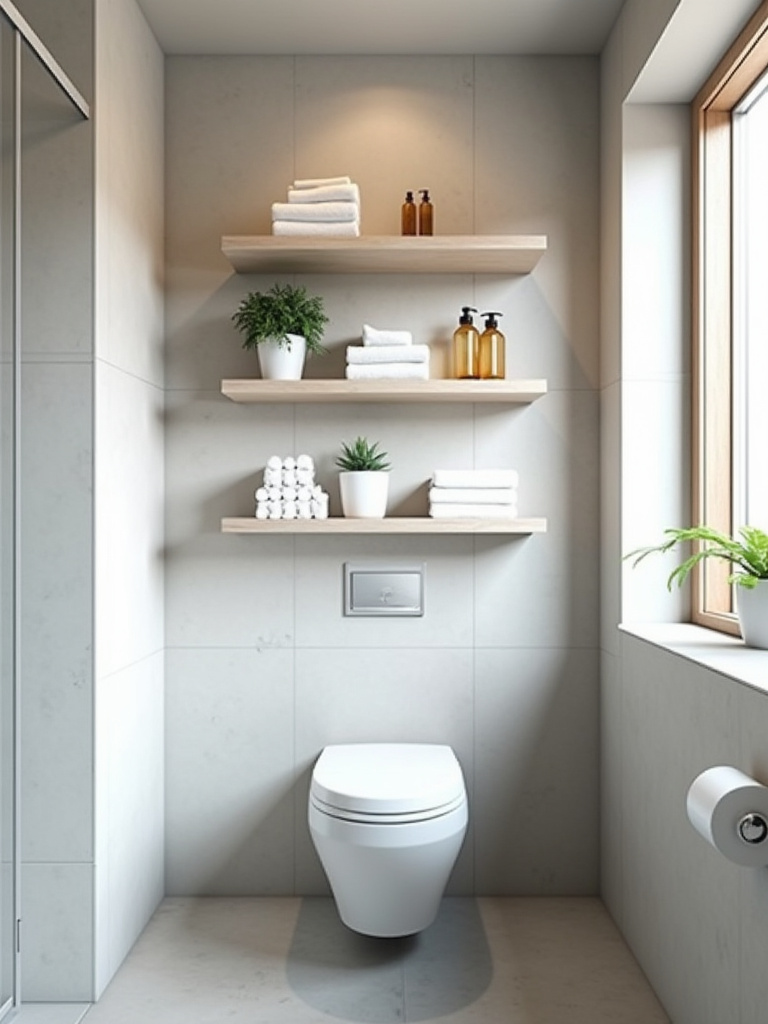 Modern bathroom with white floating shelves above a toilet, neatly displaying white towels and green plants, alongside a sleek white wall cabinet. Image emphasizes vertical storage solutions for maximizing space and organization.