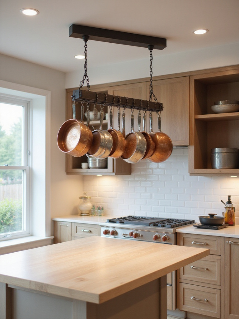 Modern kitchen with ceiling-mounted pot rack and copper pots above island