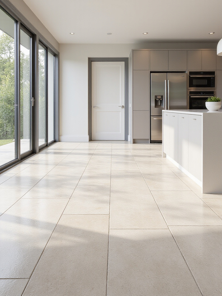 A bright, modern kitchen featuring expansive light-colored large-format floor tiles laid seamlessly to visually enlarge the space, showcasing a clean and minimalist aesthetic.