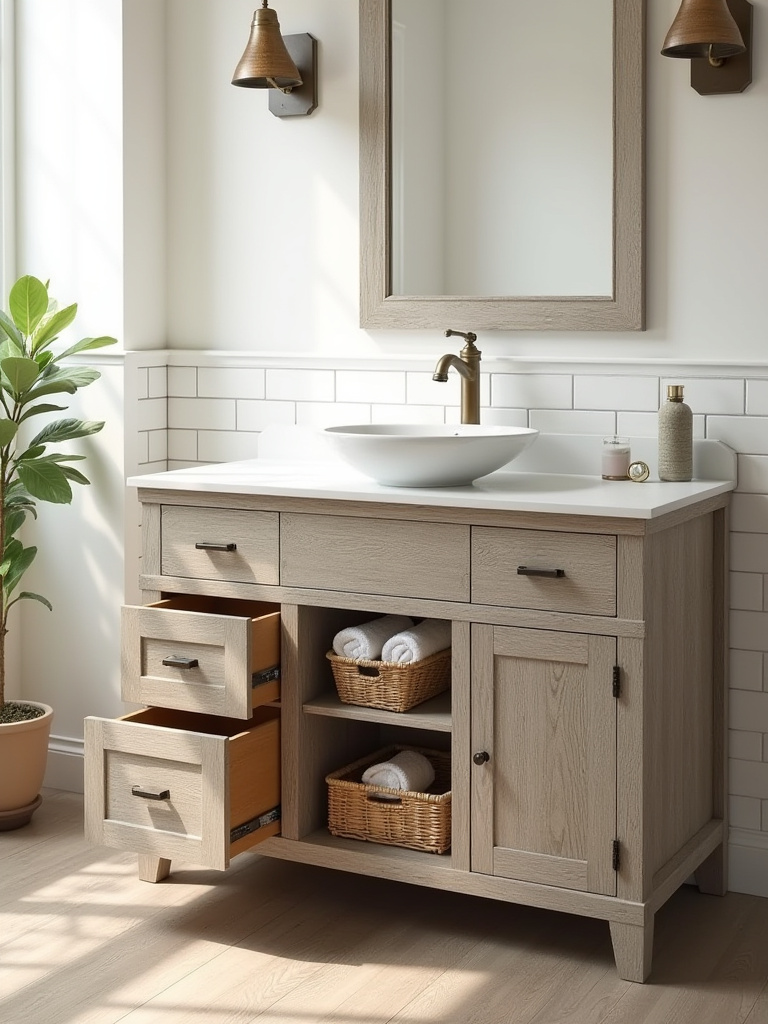 Portrait of a farmhouse bathroom vanity showing drawers, shelves, and hidden storage.