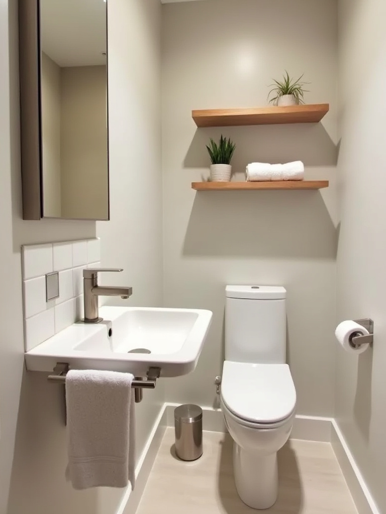 Bathroom with a well-placed brushed nickel towel ring and precisely spaced wooden floating shelves, reflecting accurate measurements.