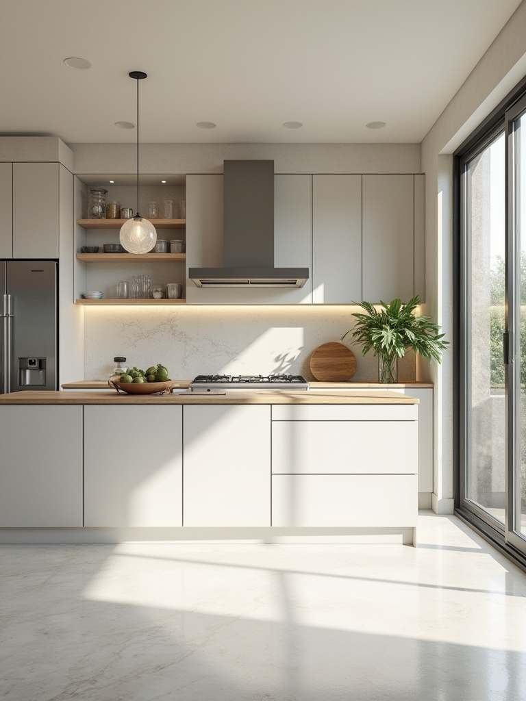 Portrait of a modern kitchen showing clear walkway space around an island footprint