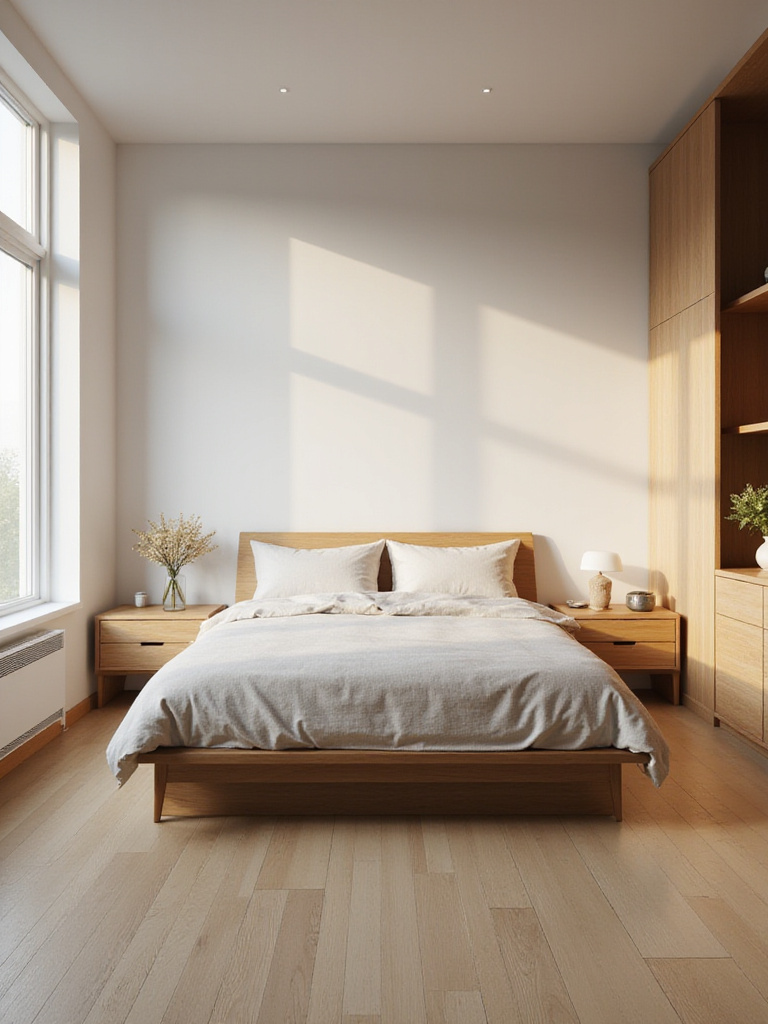 Portrait photo of a modern bedroom showing a precise layout without people