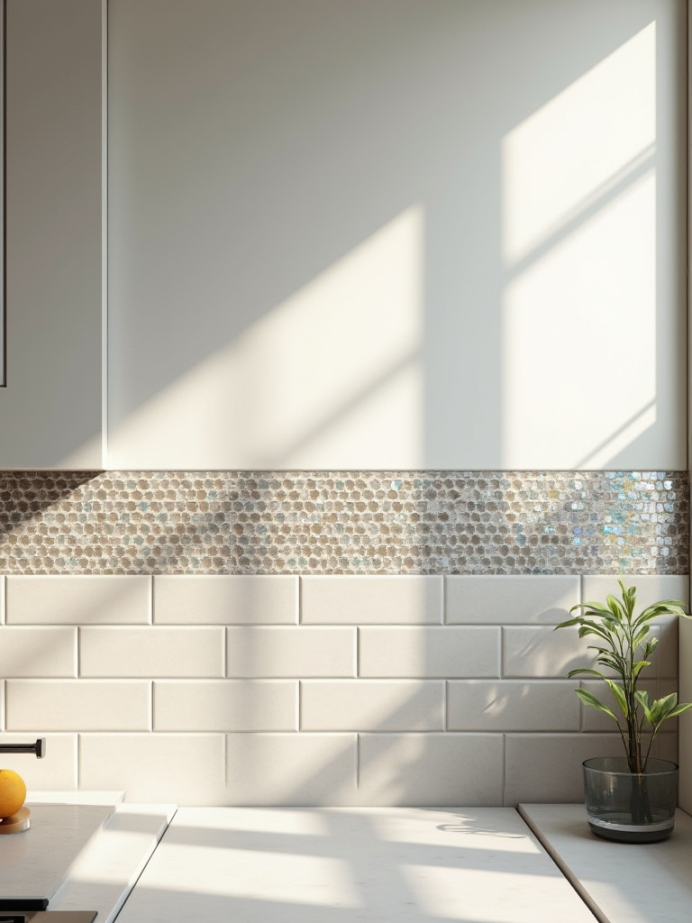 Portrait view of a modern kitchen backsplash showcasing mixed tile materials, blending matte ceramic subway tiles with polished iridescent glass mosaics for unique textural contrast and visual depth.