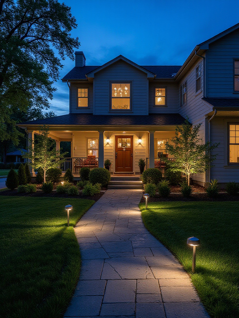 Vertical portrait view of a front yard at twilight with energy-efficient LED lighting and modern house exterior.