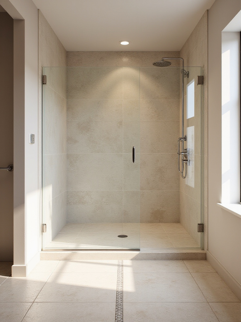 Portrait of a modern small bathroom with a curbless shower and seamless flooring