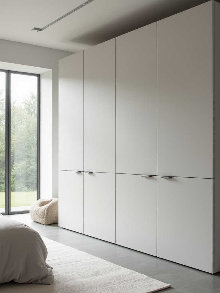 Sleek modern bedroom featuring handleless cabinetry and a dresser in a matte light grey finish, creating a minimalist and uncluttered aesthetic with natural light.