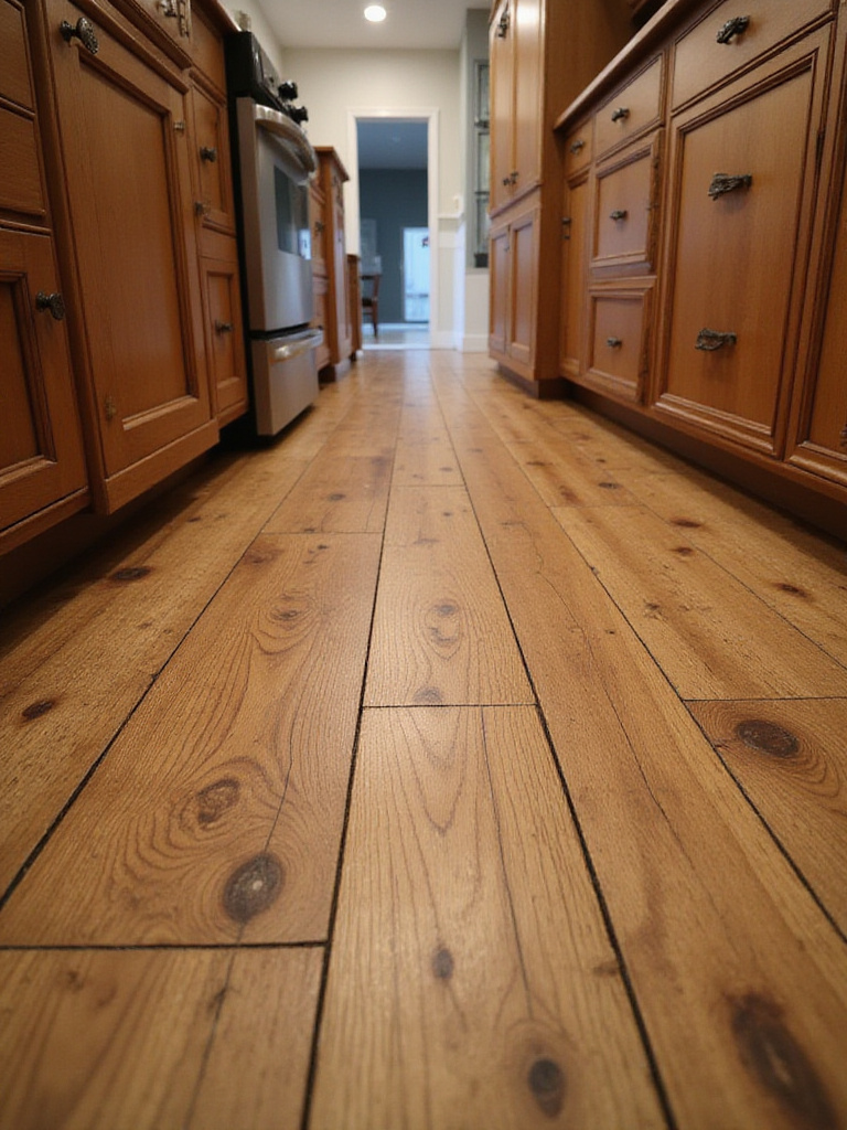 A close-up portrait view of rich, wide-plank distressed oak engineered hardwood flooring in a traditional kitchen, highlighting its robust texture and character.