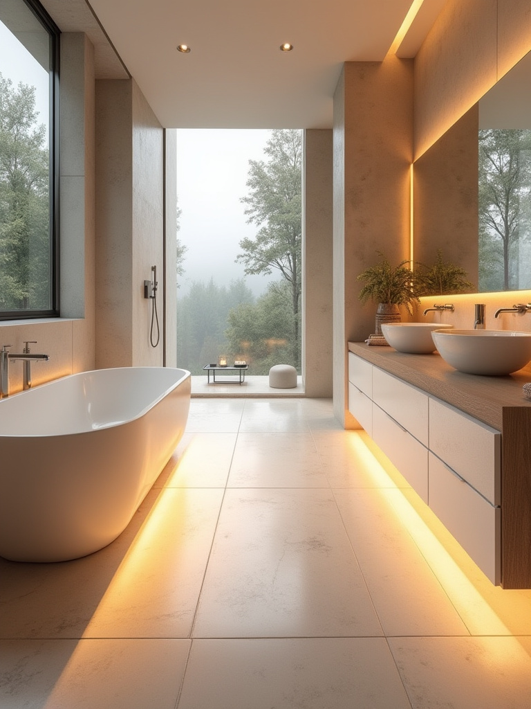 A modern bathroom showcasing radiant underfloor heating beneath large format tiles, creating a warm, inviting atmosphere with no cold spots.