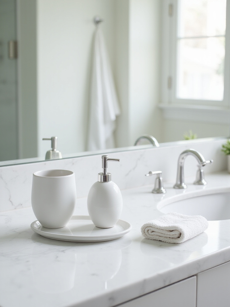 Elegant matte white ceramic toothbrush holder and matching soap dispenser set on a white marble bathroom vanity, beside a neatly folded hand towel.