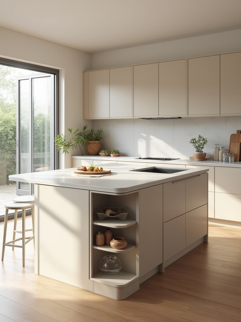 Portrait view of a slimline kitchen island in a compact, organized kitchen.