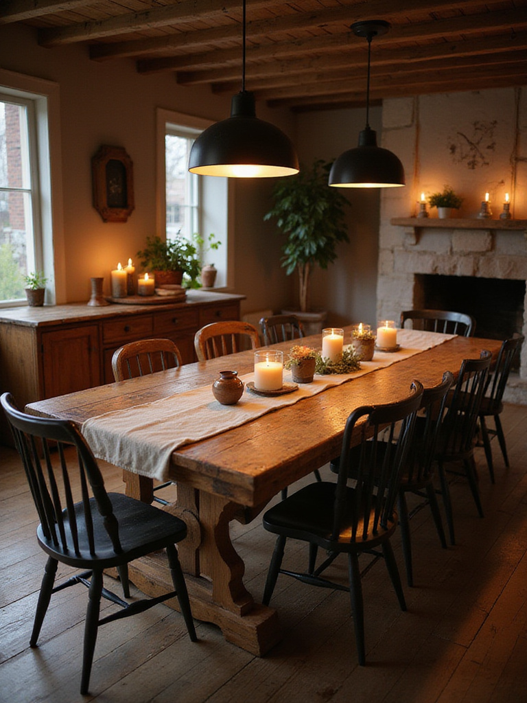 Rustic dining room portrait with layered lighting and candles