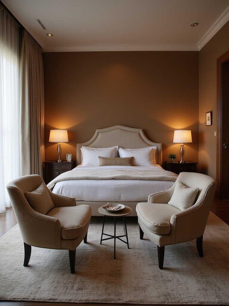 Cozy bedroom with optimized furniture layout, showing distinct sleeping and reading zones using area rug, bed, and accent chairs.
