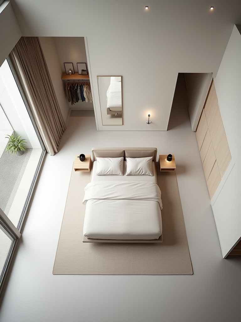 A modern bedroom interior designed for optimal flow, featuring a well-organized layout with a low-profile king-sized bed, two minimalist floating nightstands, and a sleek built-in wardrobe, all spaced for clear pathways, abundant natural light, and a serene ambiance.