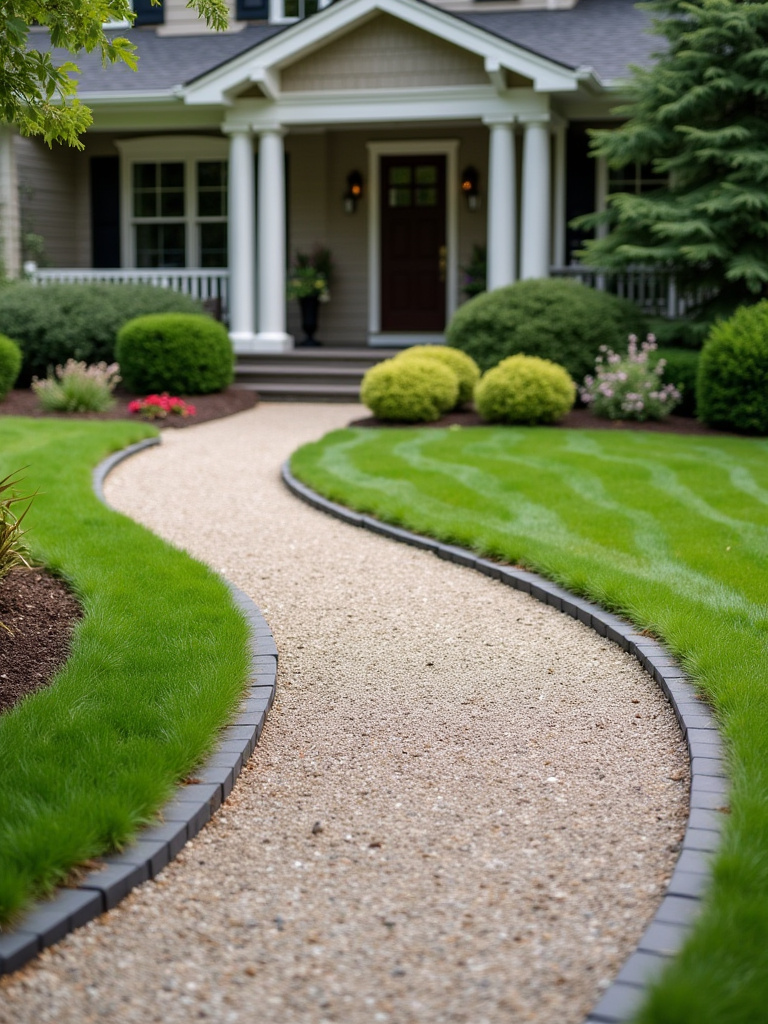 Front yard with crisp edging along a stone border separating lawn and flower beds