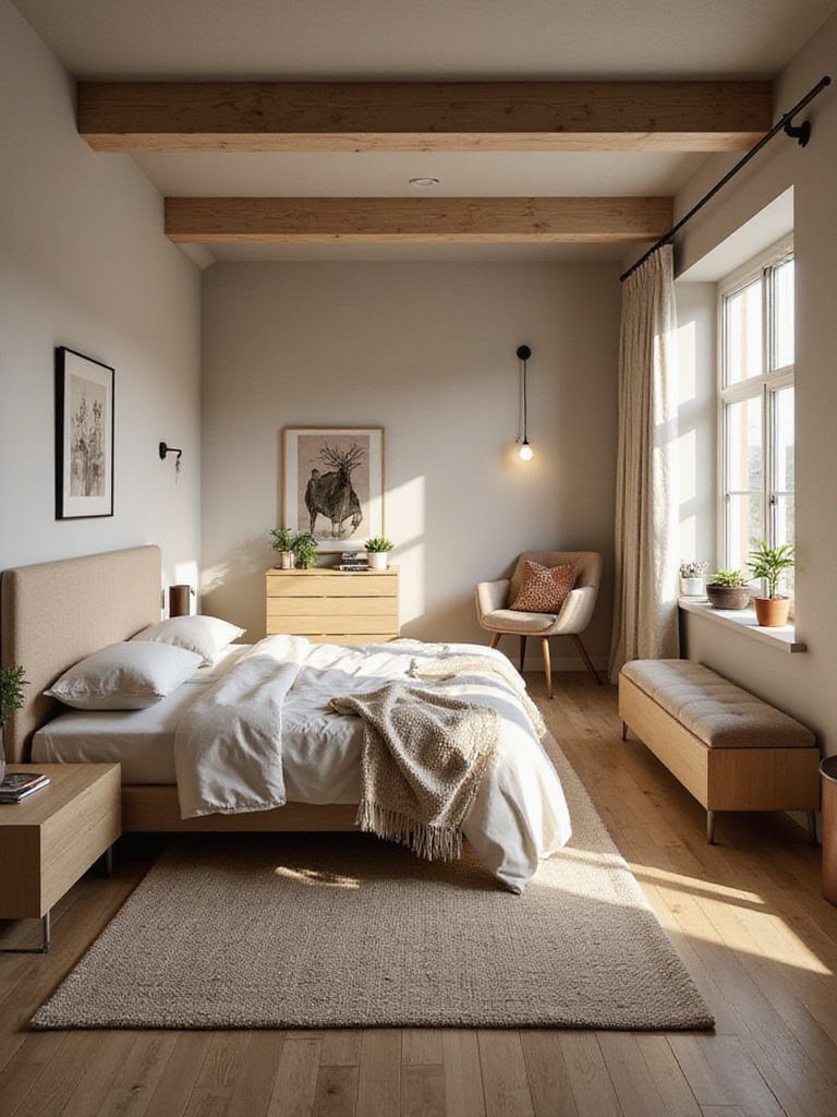 Portrait view of a cozy, functional bedroom layout with distinct zones