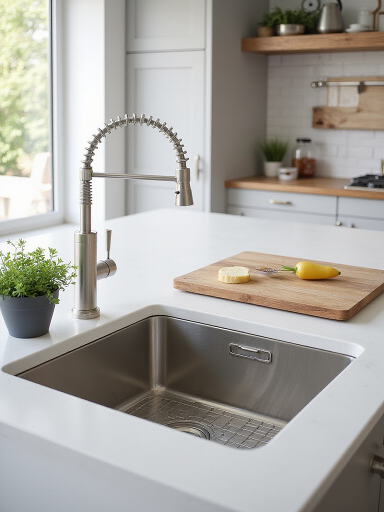 A modern kitchen with a single basin sink and a high-arc pull-down faucet, showing optimized counter space for efficient food prep and cleanup.