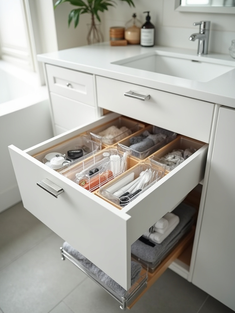 Meticulously organized bathroom vanity drawer and cabinet, featuring clear acrylic and bamboo dividers, with toiletries, towels, and cleaning supplies neatly arranged for efficient storage.