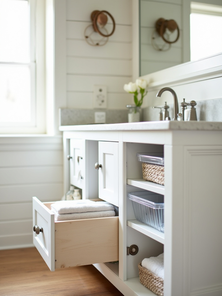 Neatly organized farmhouse bathroom vanity with open drawers and baskets