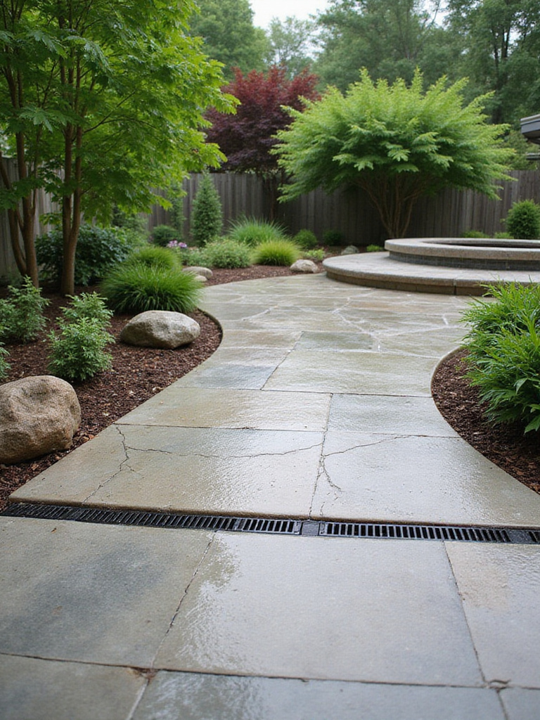 A dry, modern backyard patio with visible drainage features, such as a subtle slope and a channel drain, designed to prevent water accumulation after rain. Surrounding plants show signs of recent rain, emphasizing the patio's effective drainage.