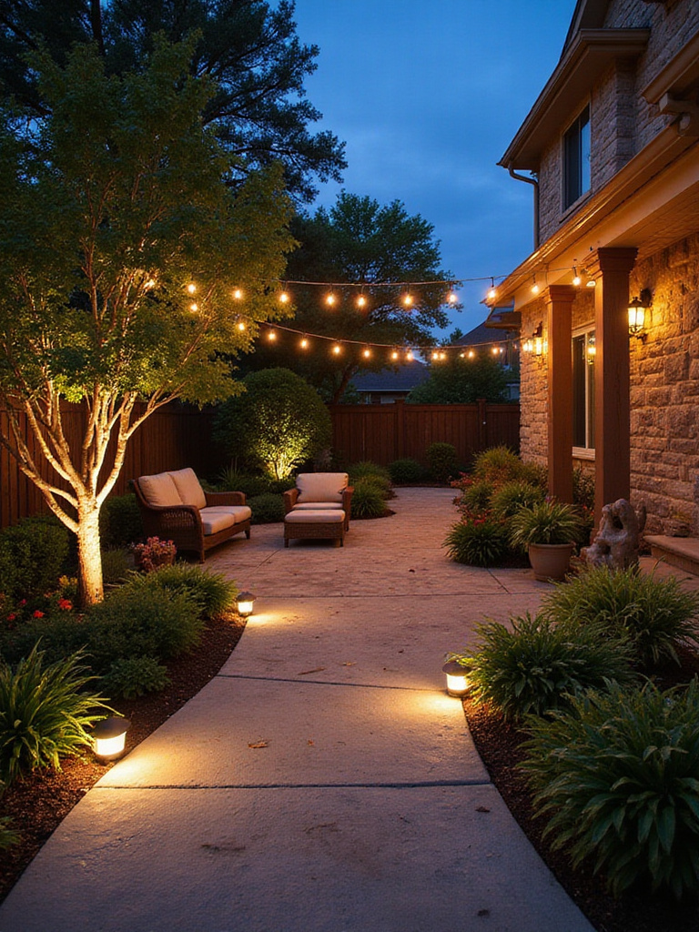 Elegant backyard patio at dusk with strategically installed warm outdoor lighting, including path lights, string lights, and uplights, creating a cozy and extended evening living space.