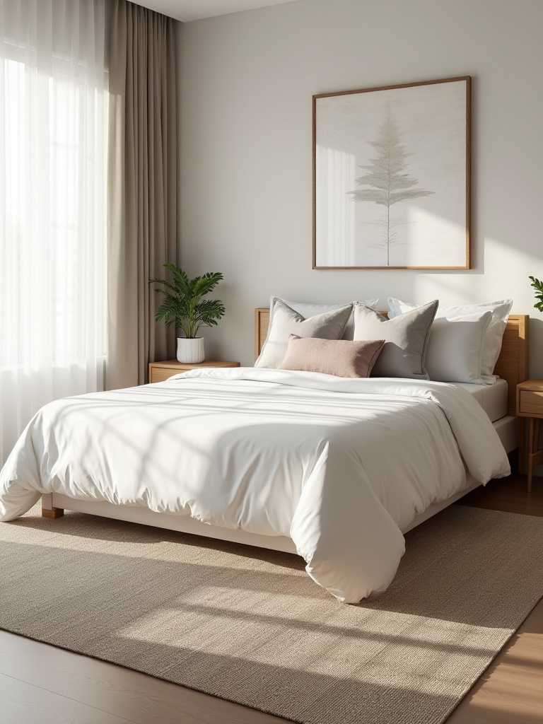 A serene bedroom features a large, well-placed neutral-toned rug extending two-thirds under a queen bed, defining the sleeping area and adding warmth.
