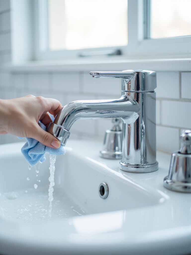 A polished chrome bathroom faucet sparkling clean after routine cleaning, being wiped with a blue microfiber cloth, showing its maintained luster and longevity.