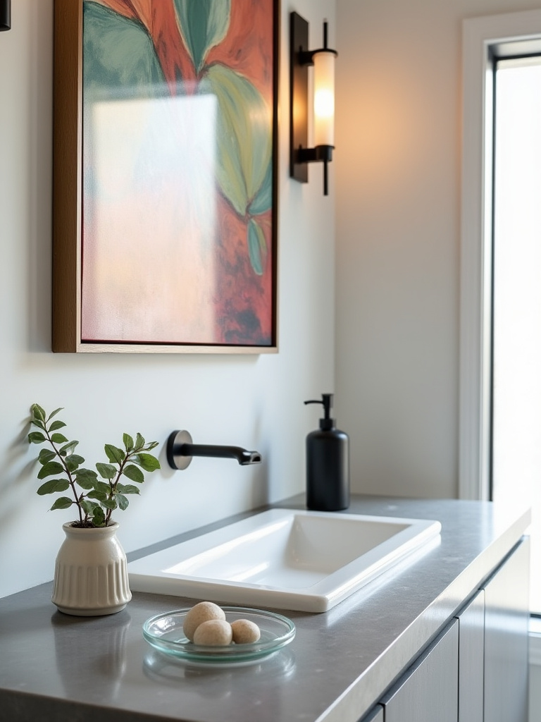 Elegant bathroom vanity with a vibrant abstract acrylic painting, a sleek metallic sconce, and curated decorative objects like a ceramic pot with eucalyptus and river stones on a clear tray, showcasing personalized bathroom decor.