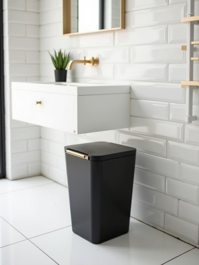 Modern matte black waste bin blending into a stylish white tile bathroom with brushed gold fixtures and a floating vanity.