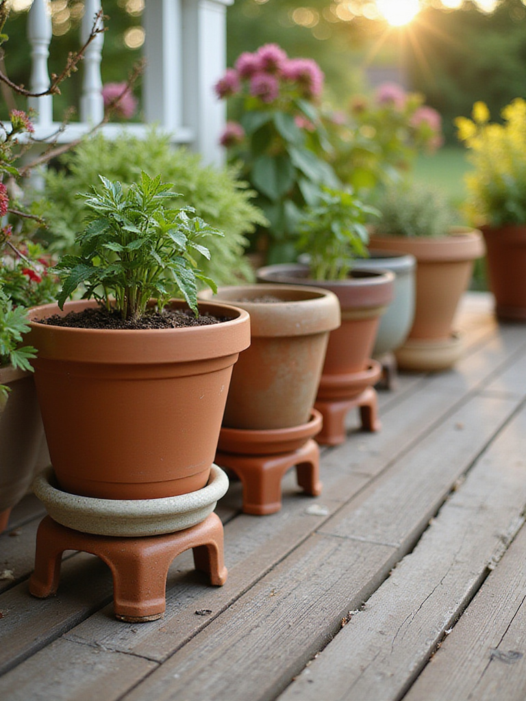 Patio plant pots with visible drainage holes elevated on a wooden deck