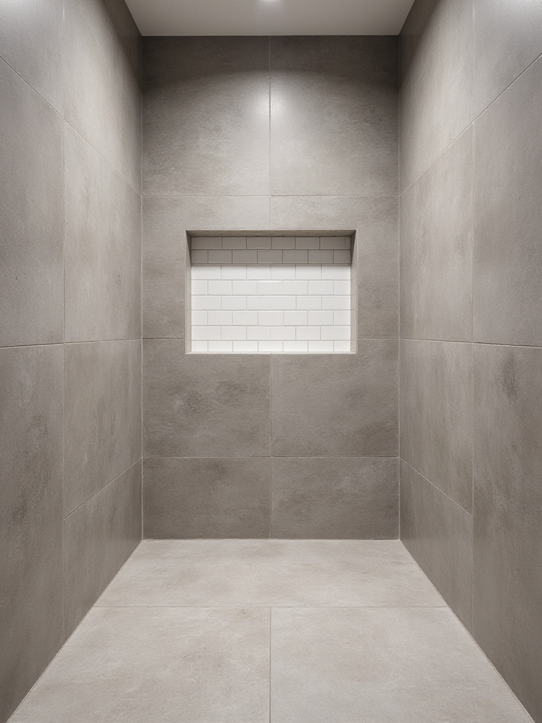 Modern bathroom featuring large-format, matte greige porcelain tiles on floors and shower walls, with a minimalist design showcasing versatile and adaptable tile choices for future trends. Neutral color palette creates a timeless foundation with subtle texture.