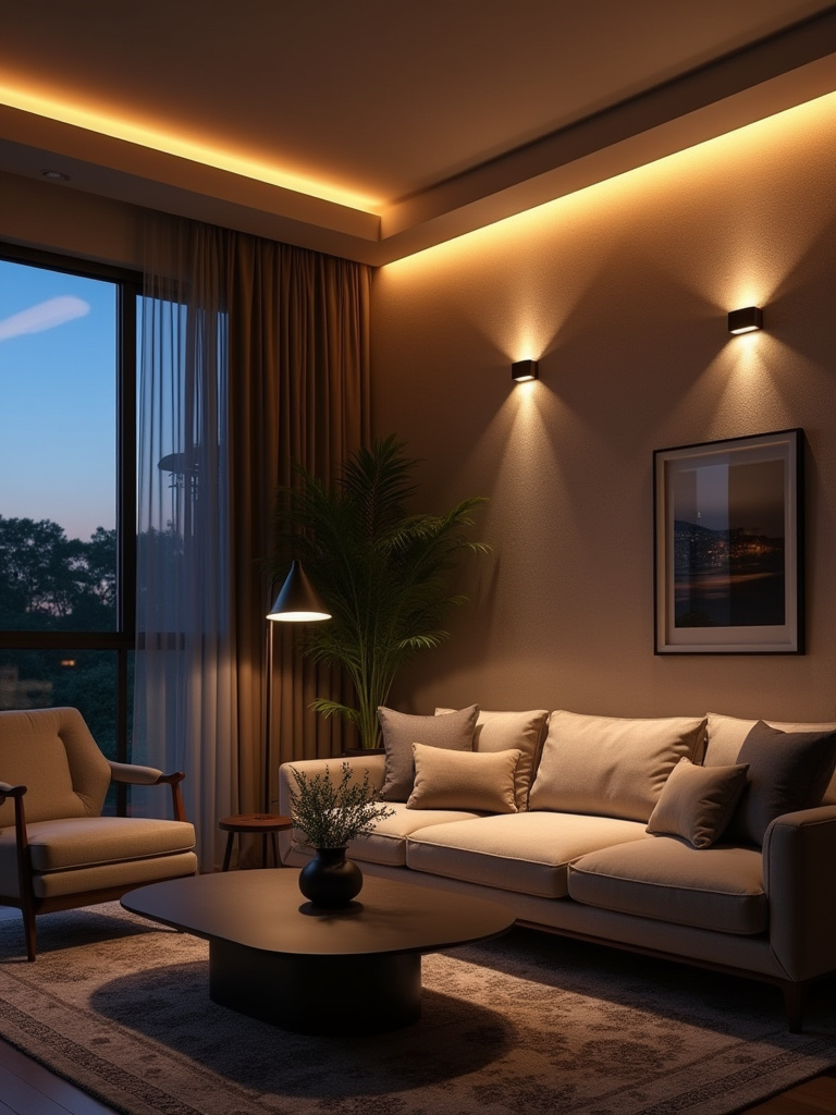 A luxurious modern living room demonstrating layered lighting with ambient, task, and accent fixtures, enhancing depth and warmth.