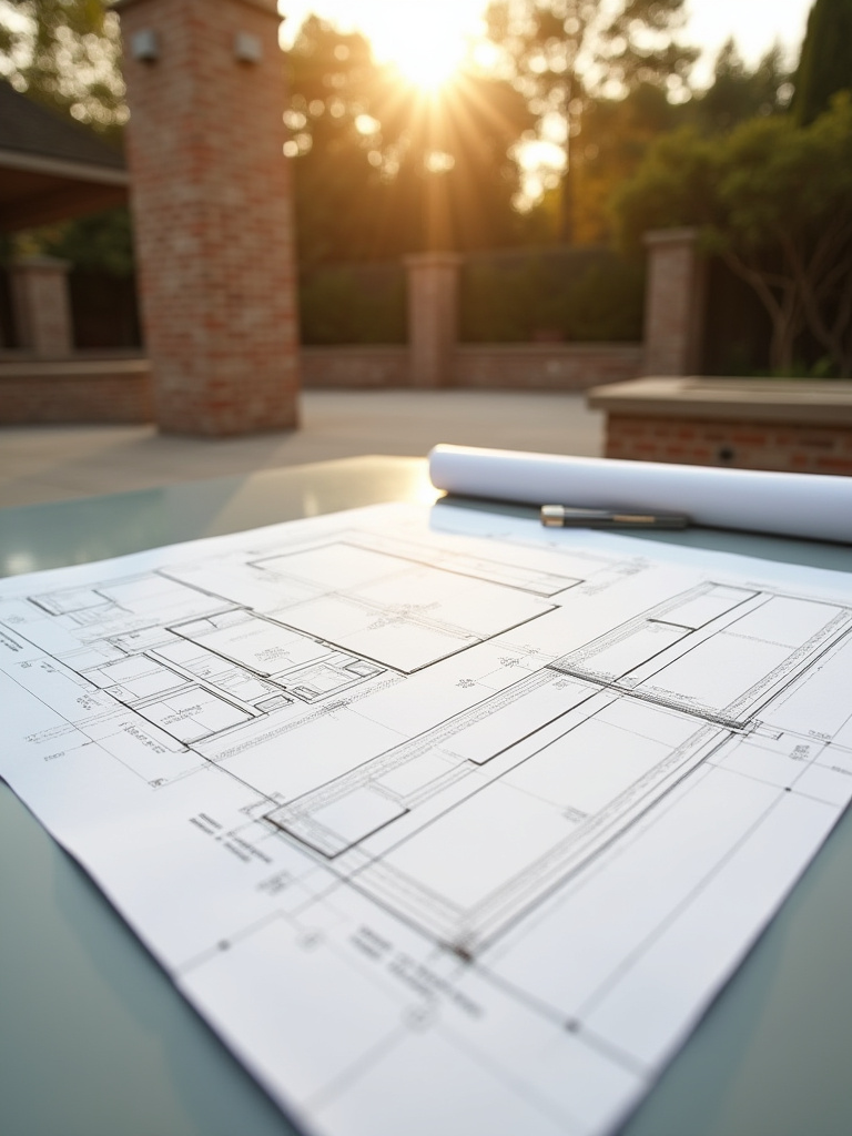 Architectural blueprint for a patio project displayed on a planning table at a construction site, emphasizing the importance of understanding zoning codes and obtaining necessary permits for a backyard patio.