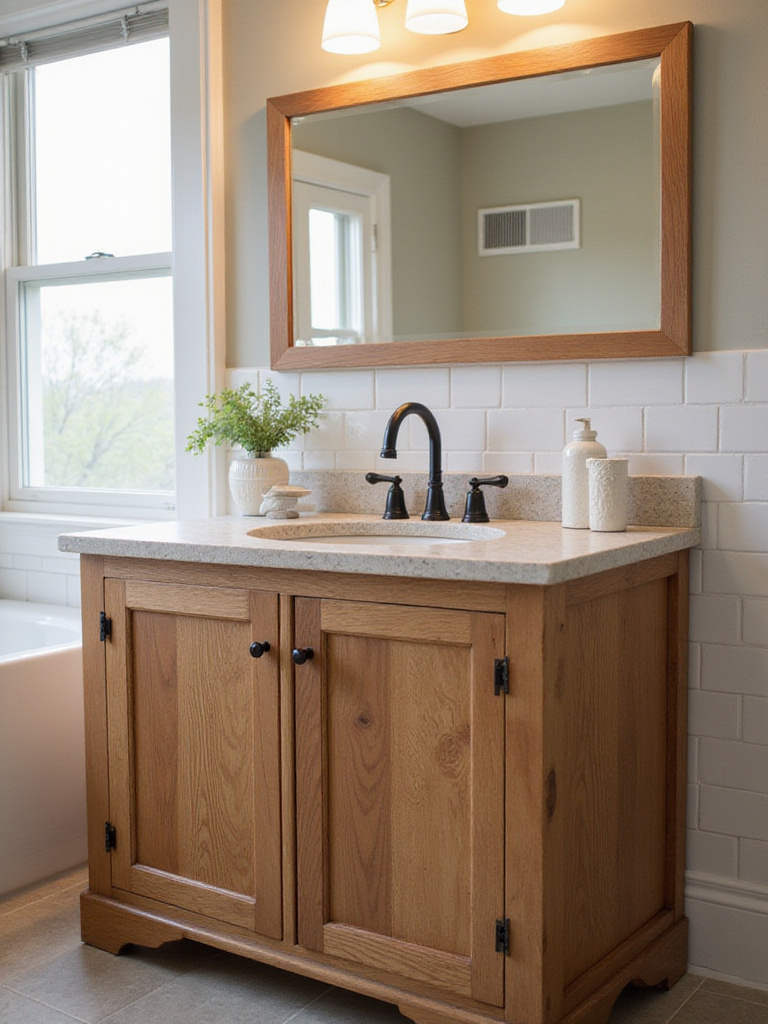 Portrait view of a farmhouse vanity showing sealed edges, caulk seams, and a vent for moisture control