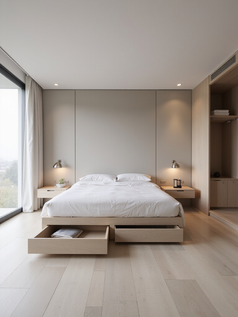 A pristine modern bedroom with a platform bed, floating nightstands, and a sleek built-in wardrobe, showcasing clean lines and entirely uncluttered surfaces for a serene aesthetic.