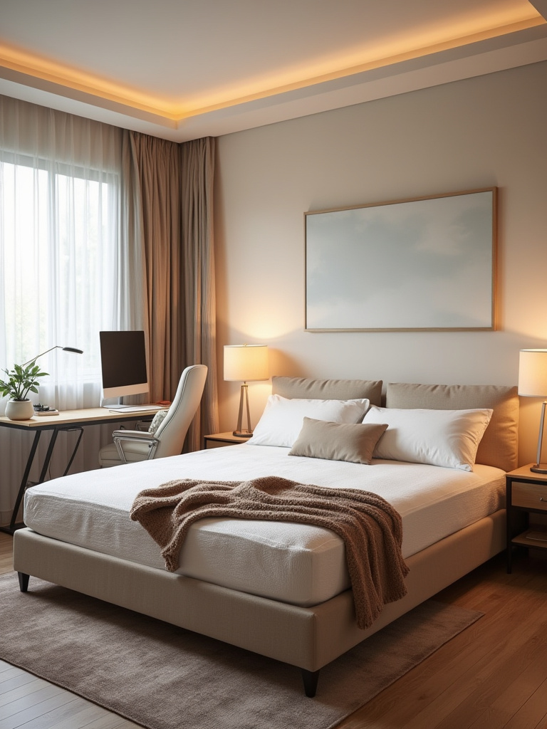 Ergonomic bedroom corner with comfortable bed and desk setup